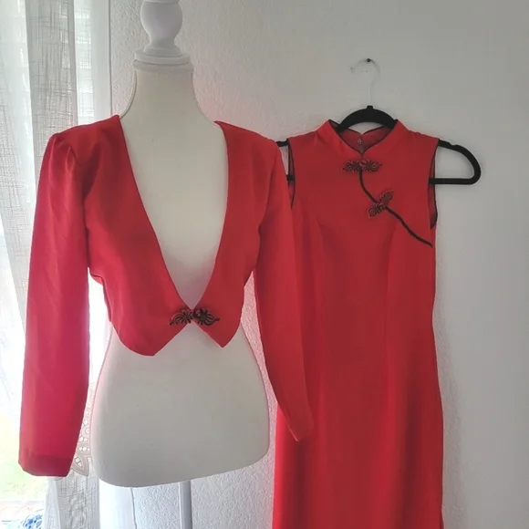 Vintage 90s Y2K Handmade Cheongsam Dress And Cropped Jacket Asian Style XS - Picture 9 of 14